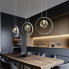 Round ring pendant light with suspended cord installation