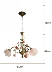 Brass Chandelier with Pink Rose Ceramic Buds and Frosted Glass Shades