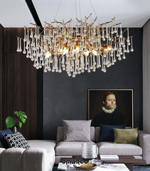 Brushed Brass Teardrop Crystal Cascading Chandelier