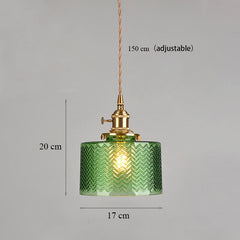 Green Fluted Glass Pendant Light with Polished Brass Accents