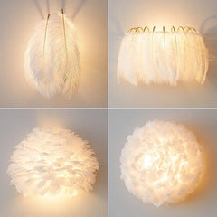 Collage showing different angles and close-ups of white feather wall sconces.