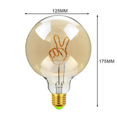 Vintage-style light bulb with peace sign design and measurements on a white background