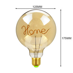 Decorative light bulb with 'Home' engraving and dimensions on a white background
