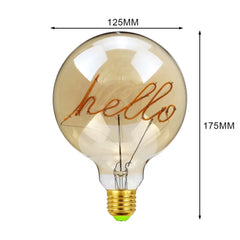 Decorative light bulb with 'hello' engraving and dimensions on a white background