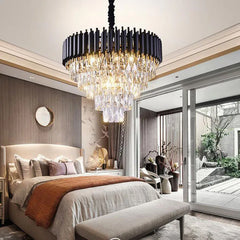 Tiered Crystal Chandelier with Black Accents and Gold Finish