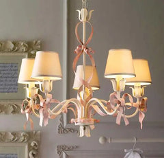 Pink Ribbon Bow Chandelier Light Fixture with Petal Accents