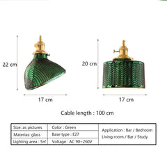 Green Fluted Glass Pendant Light with Polished Brass Accents