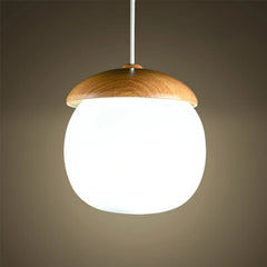 Modern Acorn Wood Pendant Light with Frosted Glass Shade