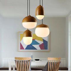 Modern Acorn Wood Pendant Light with Frosted Glass Shade
