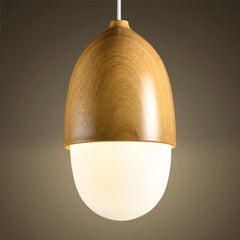 Modern Acorn Wood Pendant Light with Frosted Glass Shade