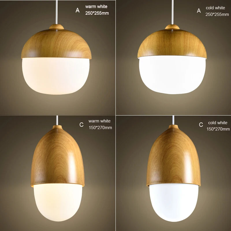 Close-up of two pendant light variants (A and C) showing warm white and cold white illumination, with dimensions indicated.
