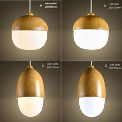 Close-up of two pendant light variants (A and C) showing warm white and cold white illumination, with dimensions indicated.