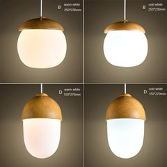 Close-up of two pendant light variants (B and D) showing warm white and cold white illumination, with dimensions indicated.