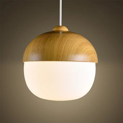 Modern Acorn Wood Pendant Light with Frosted Glass Shade