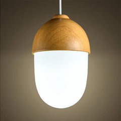 Modern Acorn Wood Pendant Light with Frosted Glass Shade