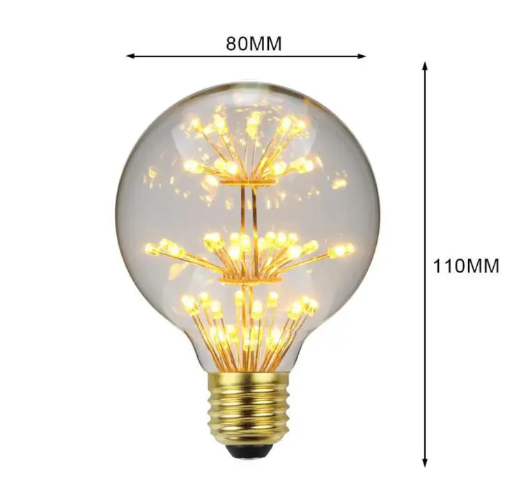 Decorative LED light bulb with dimensions labeled on a white background