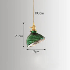 Green Fluted Glass Pendant Light with Polished Brass Accents