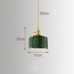 Green Fluted Glass Pendant Light with Polished Brass Accents