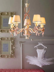 Pink Ribbon Bow Chandelier Light Fixture with Petal Accents