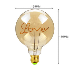 Decorative light bulb with 'Love' inscription and dimensions on a white background