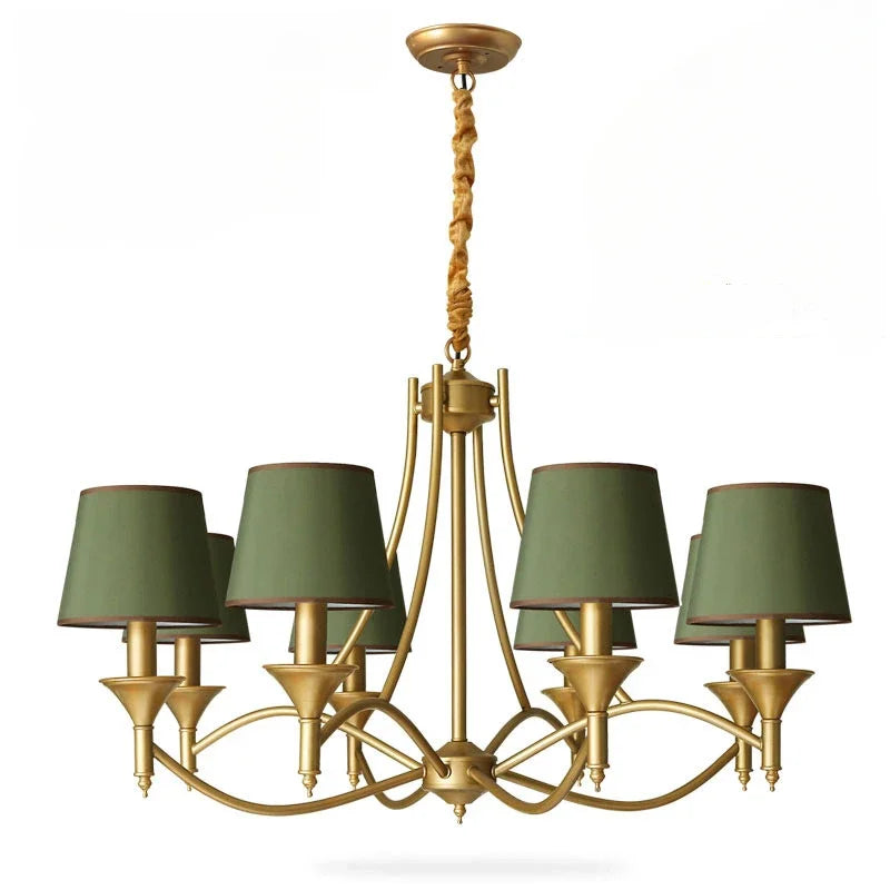 Gold chandelier with green lampshades on a white background