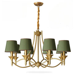 Gold chandelier with green lampshades on a white background