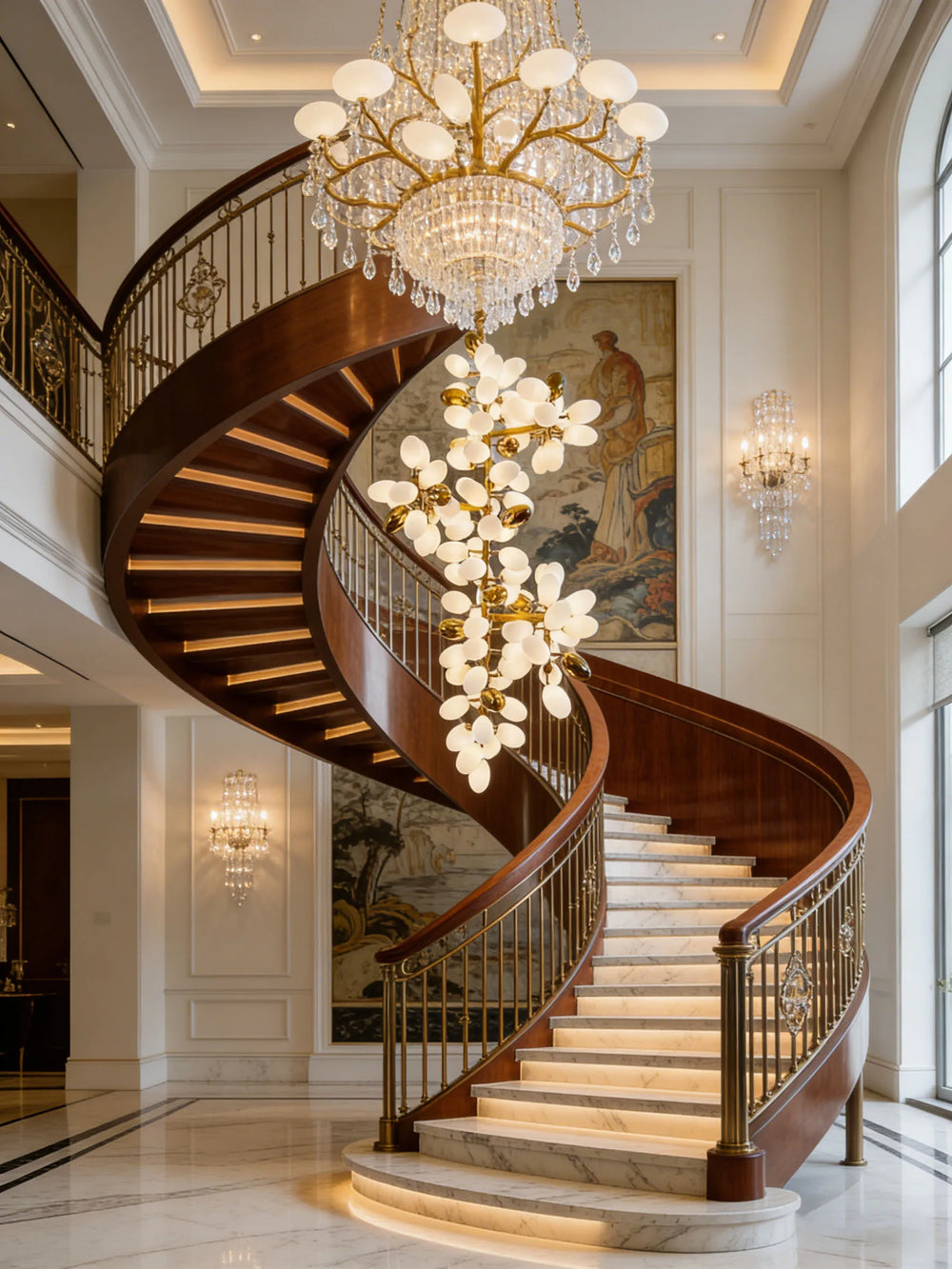 A grand foyer with a wooden spiral staircase and a gold floral chandelier.