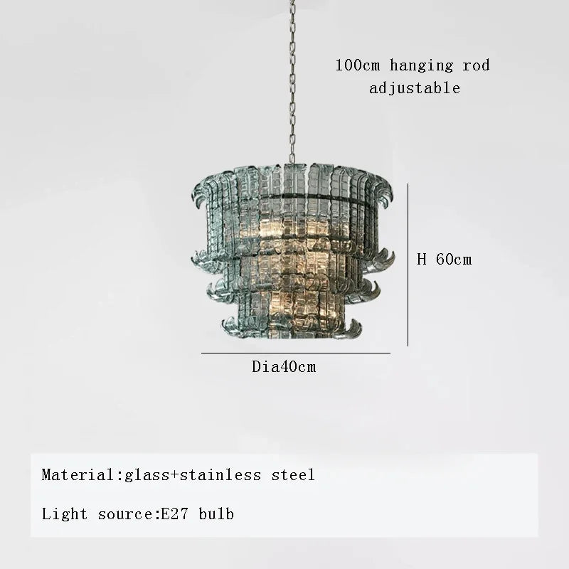 Chandelier with dimensions and material details on a white background