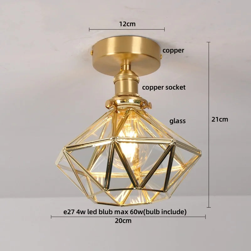 Gold ceiling light fixture with geometric design, labeled parts, and dimensions on a gray background.