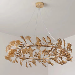 Gold Ginkgo Leaf Ring Pendant Light Fixture with Amber Glow