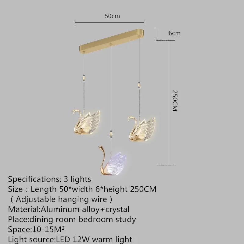 Swan-shaped pendant light with dimensions and specifications on a gray background