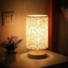 Fabric Drum Shade Table Lamp Natural Wood Base Wheat Stalk Design