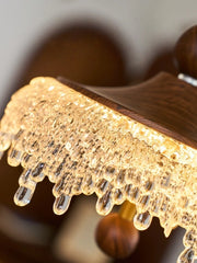 Close-up of a decorative lampshade with crystal details on a blurred background