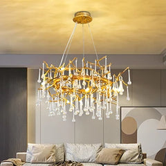Gold Branch Crystal Waterfall Chandelier with E12 Bulb Base