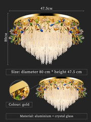 Gold chandelier with crystal glass elements, dimensions, and material details on a black background.