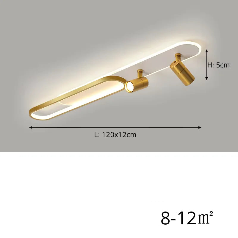 Gold ceiling light fixture with dimensions and power rating on a gray background