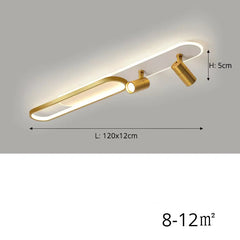 Gold ceiling light fixture with dimensions and power rating on a gray background