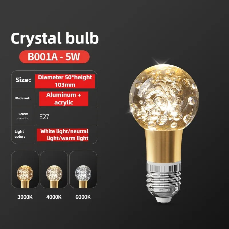 Crystal bulb with specifications on a dark background