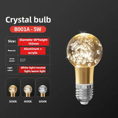 Crystal bulb with specifications on a dark background