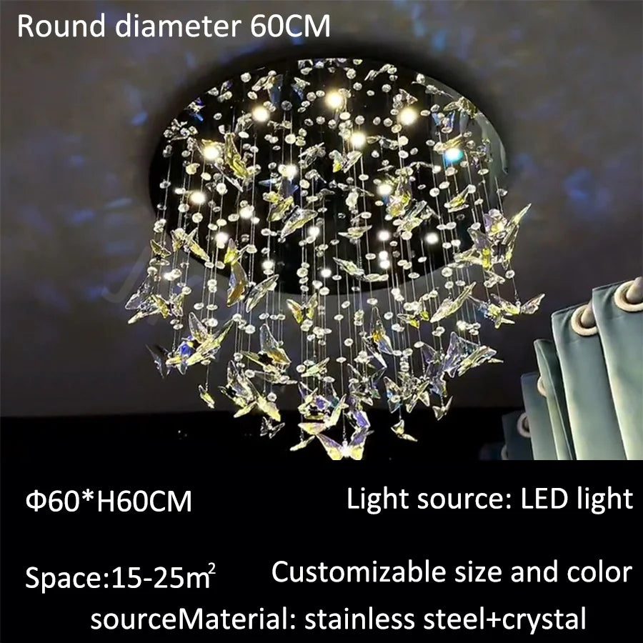 Chandelier with crystal details and LED light source, featuring text on dimensions and material.