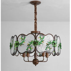 Bronze Chandelier with Frosted Glass and Green Leaf Floral Accents