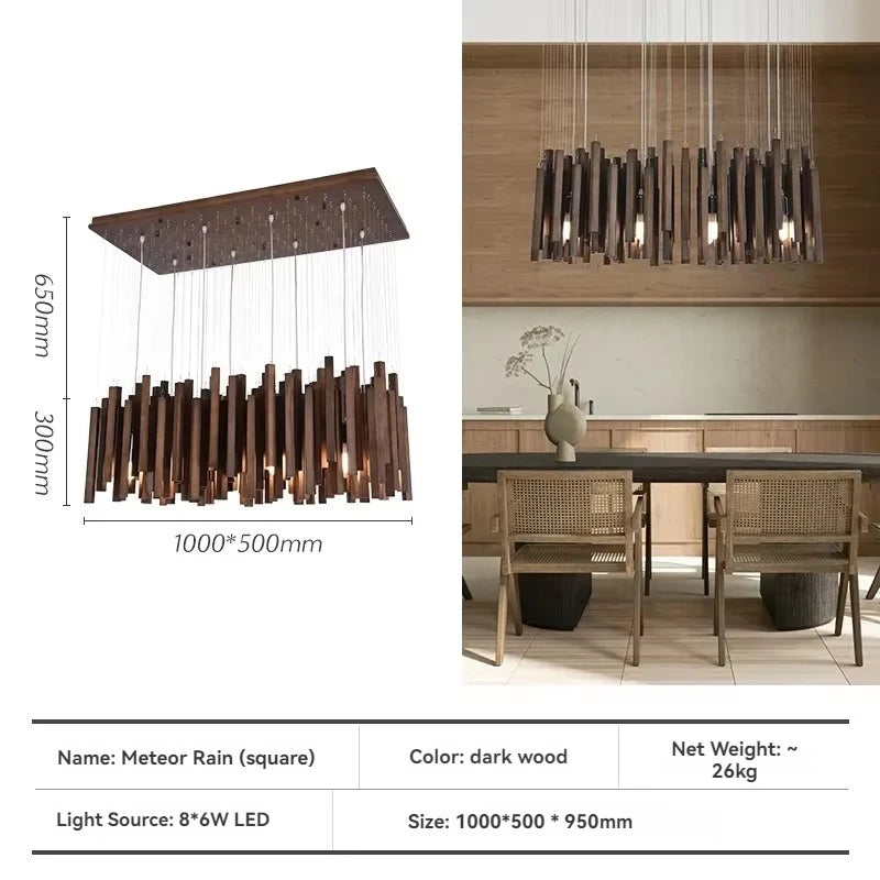 Modern chandelier with dimensions and product details on a white background