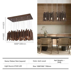 Modern chandelier with dimensions and product details on a white background