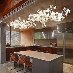 Gold Metal Ginkgo Leaf Pendant Chandelier with White Ceramic Flowers