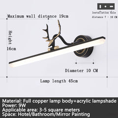 Wall-mounted lamp with deer design and dimensions on a white background