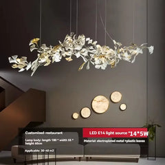 Gold Metal Ginkgo Leaf Pendant Chandelier with White Ceramic Flowers