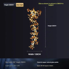 Decorative light fixture with measurements on a dark background