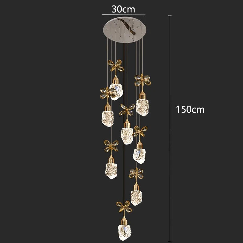 Decorative hanging chandelier with measurements on a black background