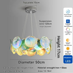 Chandelier with colorful glass discs, dimensions, and certification details on a gray background