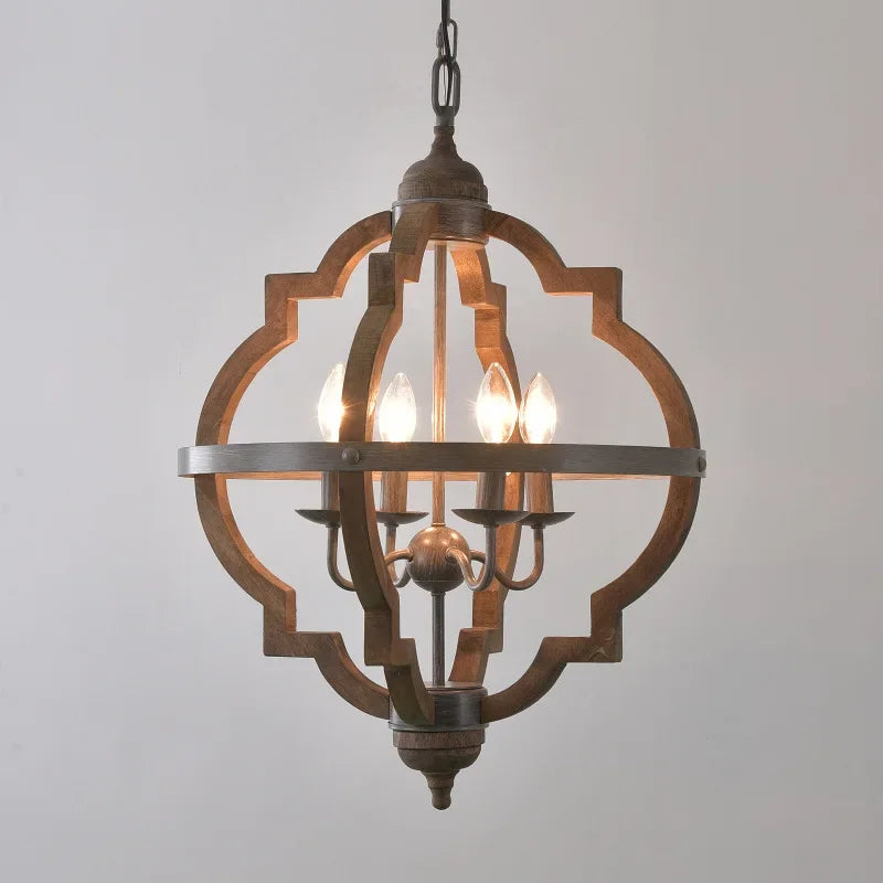 Decorative pendant light with wooden frame and metal accents on a gray background